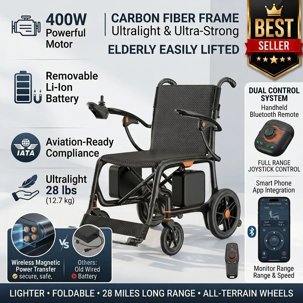 28-Lb Carbon Fiber Foldable Electric Wheelchair-28-Mile Range
