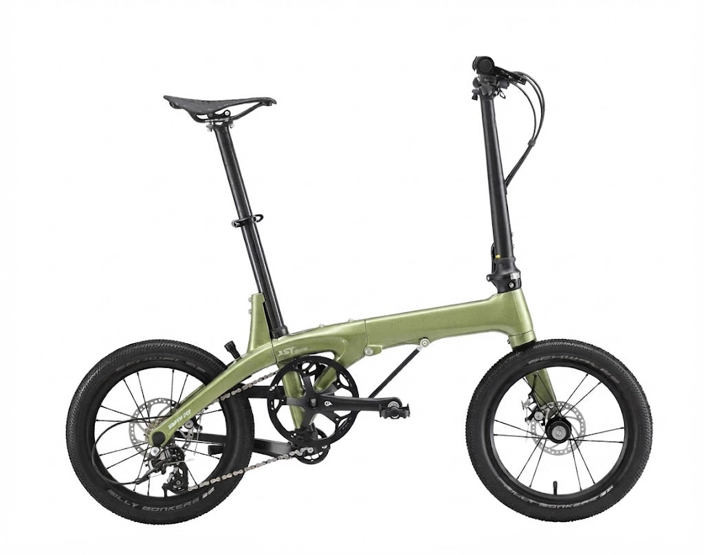 17 lbs Carbon Fiber Folding Bike — Featuring 16-inch wheels, disc brakes, and a Shimano Tiagra drivetrain