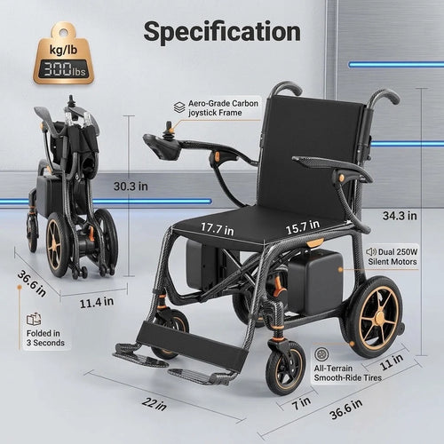 28-Lb Carbon Fiber Foldable Electric Wheelchair-28-Mile Range
