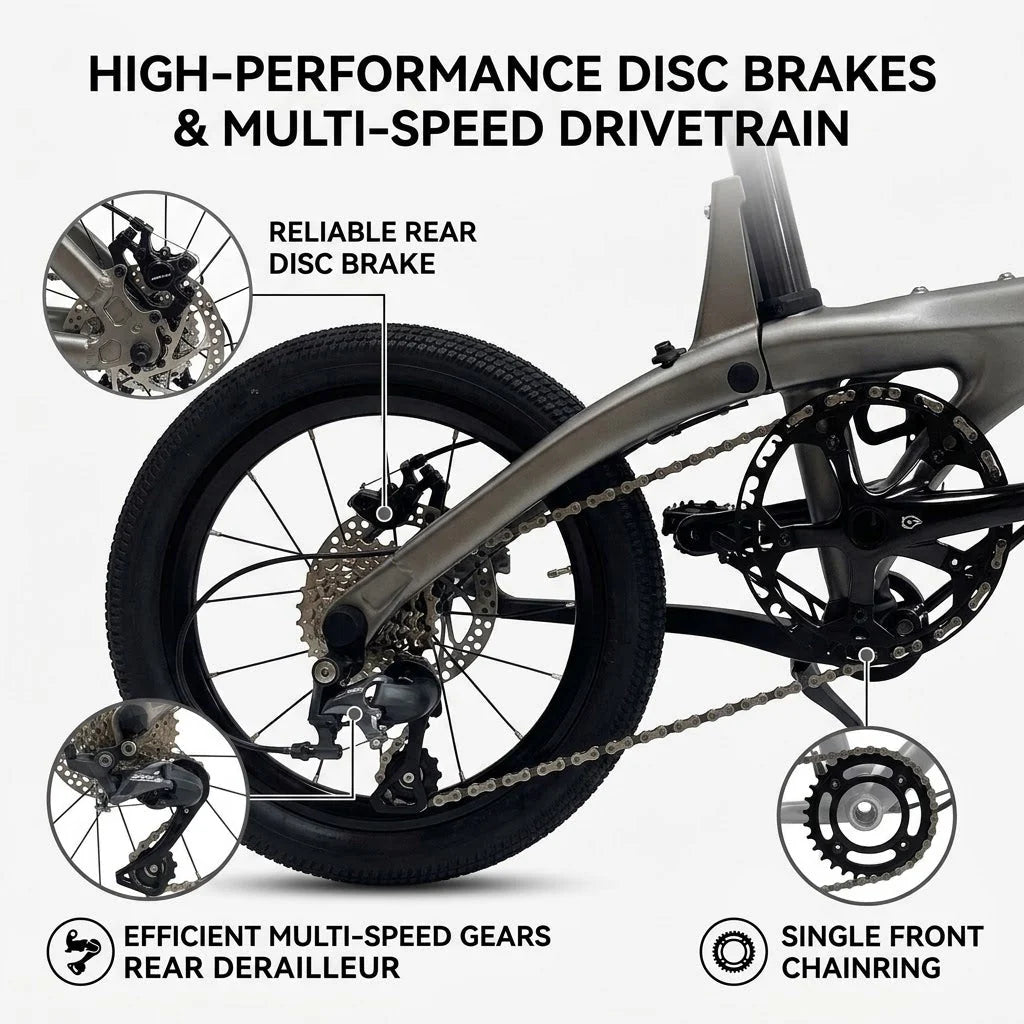 17 lbs Carbon Fiber Folding Bike — Featuring 16-inch wheels, disc brakes, and a Shimano Tiagra drivetrain