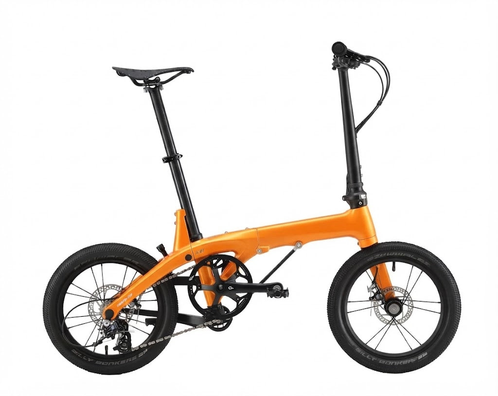 17 lbs Carbon Fiber Folding Bike — Featuring 16-inch wheels, disc brakes, and a Shimano Tiagra drivetrain